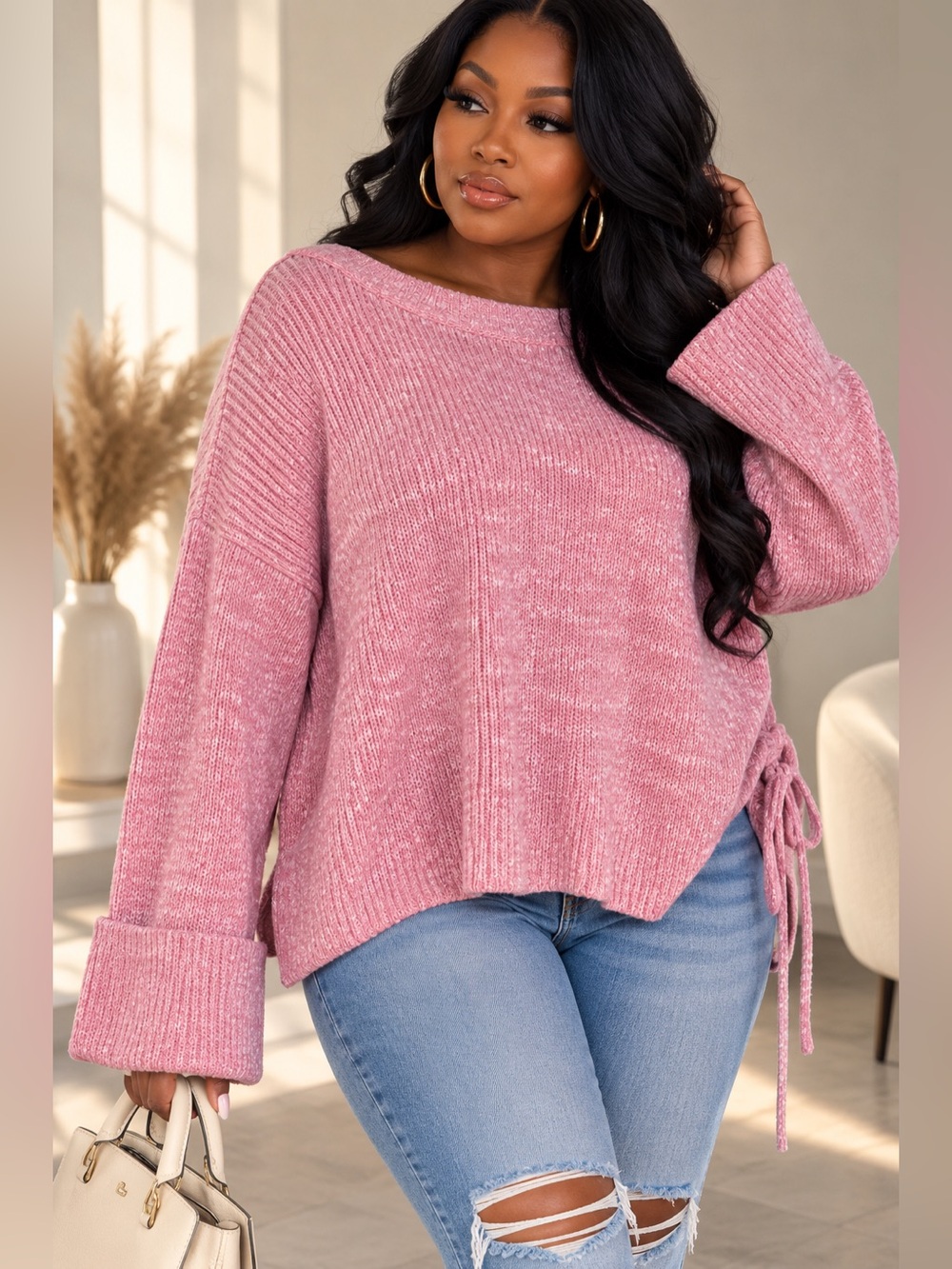 ASOS DESIGN Pink Marl Oversized Knit Sweater Tie Side Cuff Sleeve